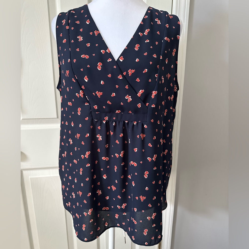 LOFT Dark Blue V-Neck Blouse with Red Heart Pattern, size Medium